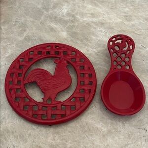 Red Rooster Trivet and Spoon Rest Set